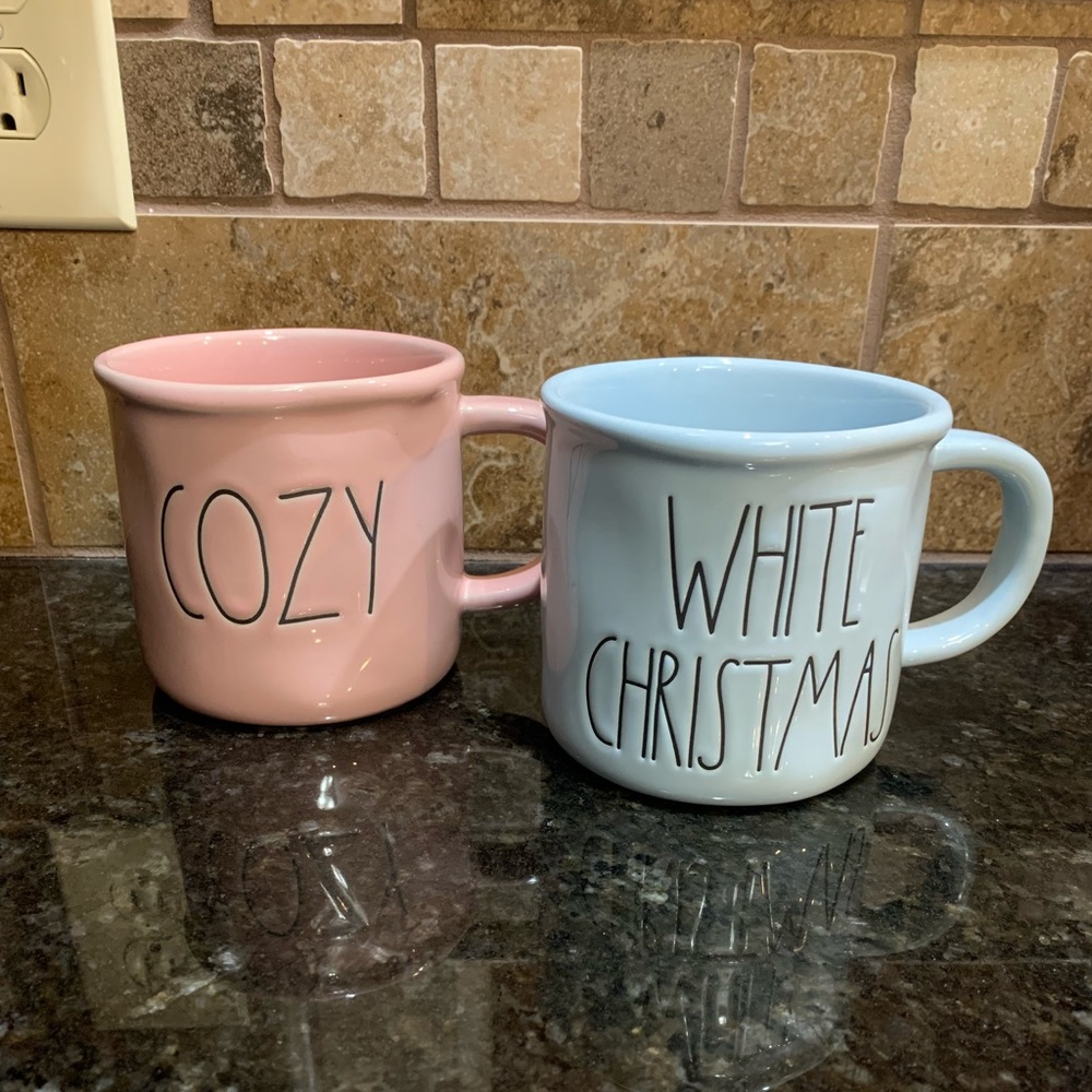 Rae Dunn cozy and white Christmas mugs